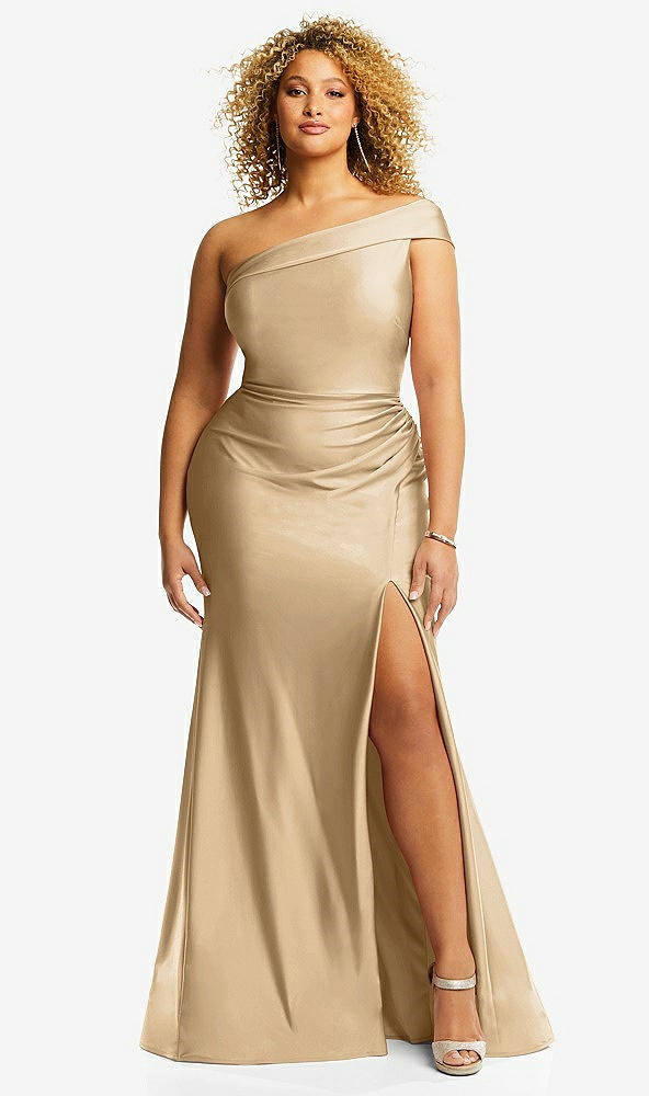 Front View - Soft Gold One-Shoulder Bias-Cuff Stretch Satin Mermaid Dress with Slight Train
