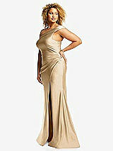 Side View Thumbnail - Soft Gold One-Shoulder Bias-Cuff Stretch Satin Mermaid Dress with Slight Train
