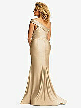 Rear View Thumbnail - Soft Gold One-Shoulder Bias-Cuff Stretch Satin Mermaid Dress with Slight Train