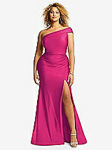 Front View Thumbnail - Think Pink One-Shoulder Bias-Cuff Stretch Satin Mermaid Dress with Slight Train
