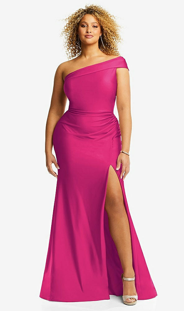 Front View - Think Pink One-Shoulder Bias-Cuff Stretch Satin Mermaid Dress with Slight Train