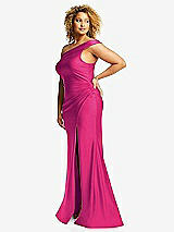 Side View Thumbnail - Think Pink One-Shoulder Bias-Cuff Stretch Satin Mermaid Dress with Slight Train
