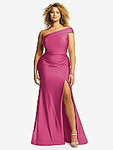 Front View Thumbnail - Tea Rose One-Shoulder Bias-Cuff Stretch Satin Mermaid Dress with Slight Train