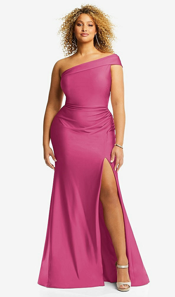 Front View - Tea Rose One-Shoulder Bias-Cuff Stretch Satin Mermaid Dress with Slight Train