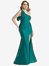 Alt View 1 Thumbnail - Peacock Teal Cascading Bow One-Shoulder Stretch Satin Mermaid Dress with Slight Train