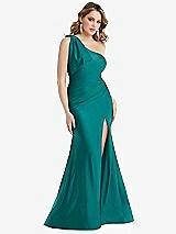 Front View Thumbnail - Peacock Teal Cascading Bow One-Shoulder Stretch Satin Mermaid Dress with Slight Train