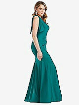 Side View Thumbnail - Peacock Teal Cascading Bow One-Shoulder Stretch Satin Mermaid Dress with Slight Train