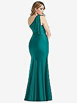 Rear View Thumbnail - Peacock Teal Cascading Bow One-Shoulder Stretch Satin Mermaid Dress with Slight Train