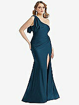 Alt View 1 Thumbnail - Atlantic Blue Cascading Bow One-Shoulder Stretch Satin Mermaid Dress with Slight Train