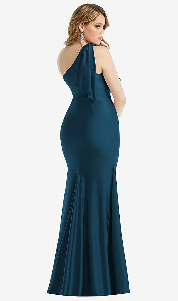 Back View - Atlantic Blue Cascading Bow One-Shoulder Stretch Satin Mermaid Dress with Slight Train
