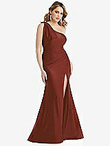 Front View Thumbnail - Auburn Moon Cascading Bow One-Shoulder Stretch Satin Mermaid Dress with Slight Train