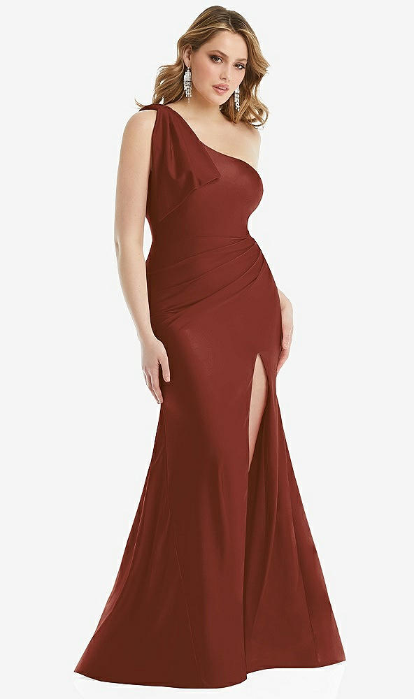 Front View - Auburn Moon Cascading Bow One-Shoulder Stretch Satin Mermaid Dress with Slight Train