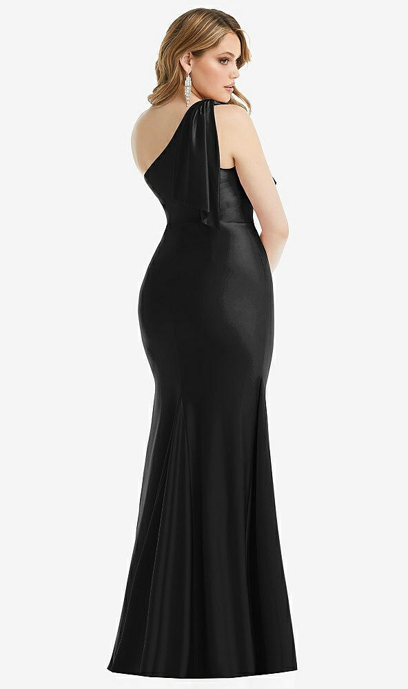 Back View - Black Cascading Bow One-Shoulder Stretch Satin Mermaid Dress with Slight Train