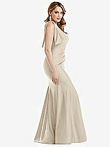 Side View Thumbnail - Champagne Cascading Bow One-Shoulder Stretch Satin Mermaid Dress with Slight Train