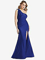 Front View Thumbnail - Cobalt Blue Cascading Bow One-Shoulder Stretch Satin Mermaid Dress with Slight Train