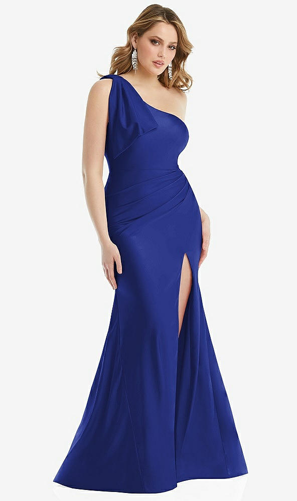 Front View - Cobalt Blue Cascading Bow One-Shoulder Stretch Satin Mermaid Dress with Slight Train
