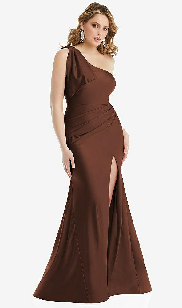 Front View - Cognac Cascading Bow One-Shoulder Stretch Satin Mermaid Dress with Slight Train