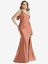 Alt View 1 Thumbnail - Copper Penny Cascading Bow One-Shoulder Stretch Satin Mermaid Dress with Slight Train