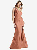 Front View Thumbnail - Copper Penny Cascading Bow One-Shoulder Stretch Satin Mermaid Dress with Slight Train
