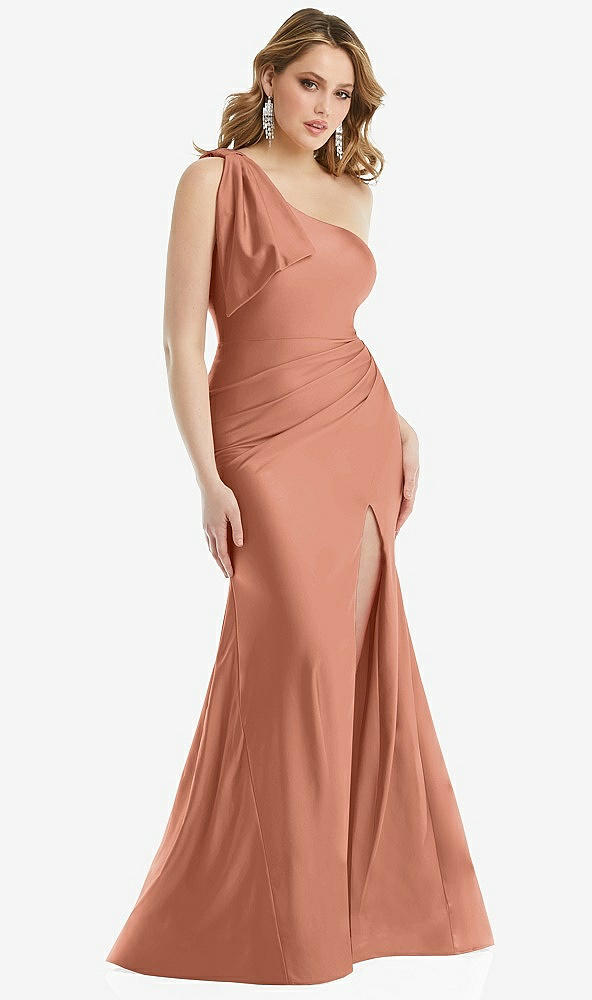 Front View - Copper Penny Cascading Bow One-Shoulder Stretch Satin Mermaid Dress with Slight Train