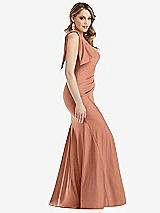 Side View Thumbnail - Copper Penny Cascading Bow One-Shoulder Stretch Satin Mermaid Dress with Slight Train