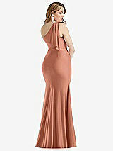 Rear View Thumbnail - Copper Penny Cascading Bow One-Shoulder Stretch Satin Mermaid Dress with Slight Train