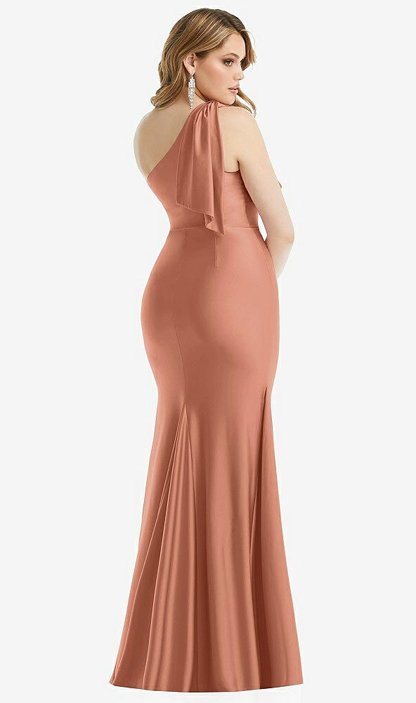 Back View - Copper Penny Cascading Bow One-Shoulder Stretch Satin Mermaid Dress with Slight Train