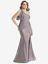 Alt View 1 Thumbnail - Cashmere Gray Cascading Bow One-Shoulder Stretch Satin Mermaid Dress with Slight Train
