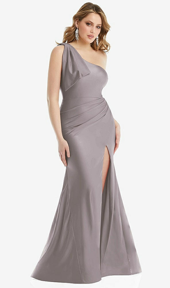 Front View - Cashmere Gray Cascading Bow One-Shoulder Stretch Satin Mermaid Dress with Slight Train