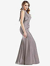 Side View Thumbnail - Cashmere Gray Cascading Bow One-Shoulder Stretch Satin Mermaid Dress with Slight Train