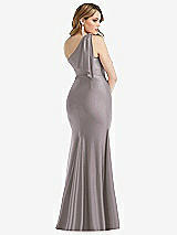 Rear View Thumbnail - Cashmere Gray Cascading Bow One-Shoulder Stretch Satin Mermaid Dress with Slight Train