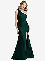 Front View Thumbnail - Evergreen Cascading Bow One-Shoulder Stretch Satin Mermaid Dress with Slight Train