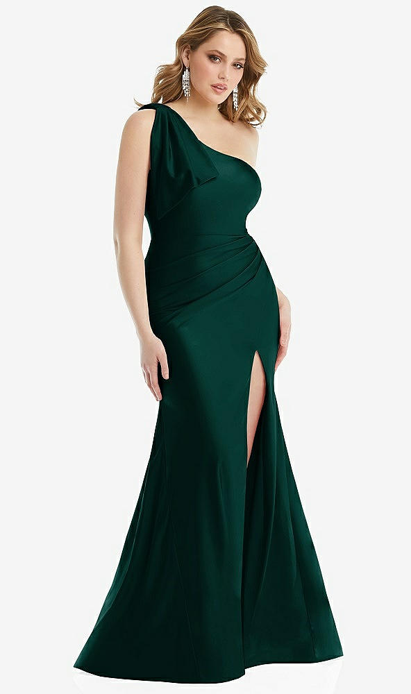 Front View - Evergreen Cascading Bow One-Shoulder Stretch Satin Mermaid Dress with Slight Train