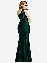 Rear View Thumbnail - Evergreen Cascading Bow One-Shoulder Stretch Satin Mermaid Dress with Slight Train