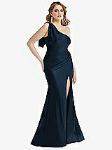 Alt View 1 Thumbnail - Midnight Navy Cascading Bow One-Shoulder Stretch Satin Mermaid Dress with Slight Train