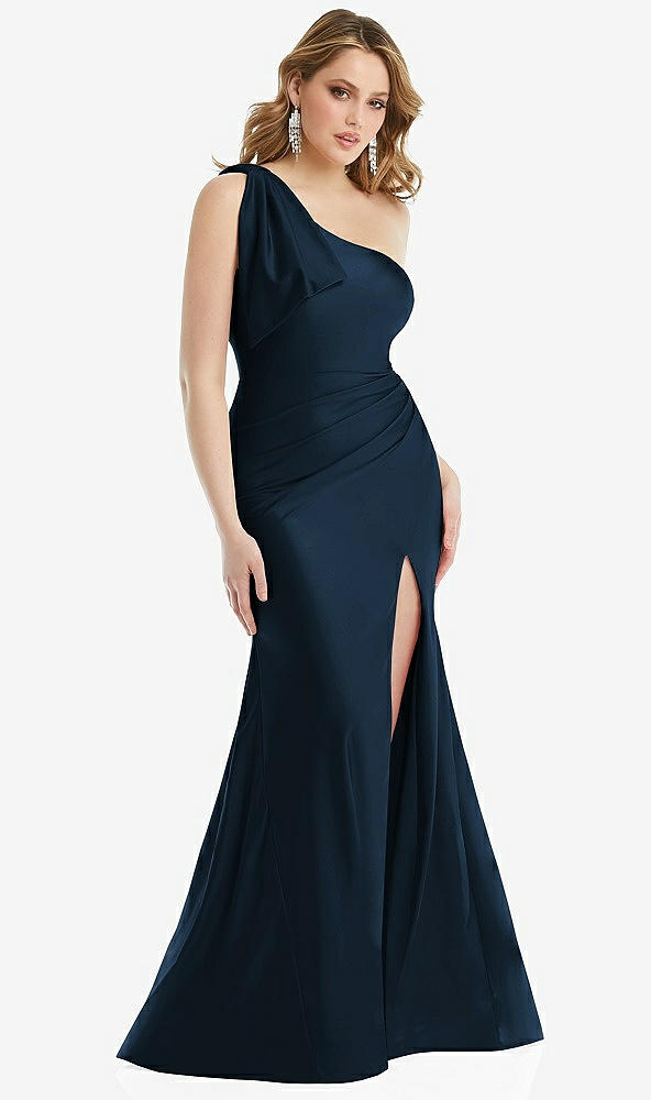 Front View - Midnight Navy Cascading Bow One-Shoulder Stretch Satin Mermaid Dress with Slight Train
