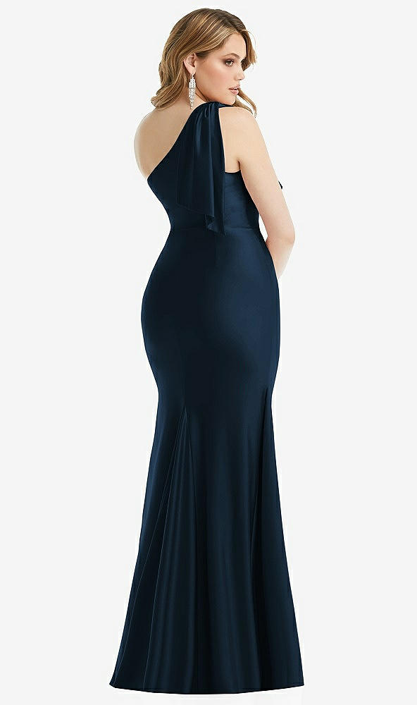 Back View - Midnight Navy Cascading Bow One-Shoulder Stretch Satin Mermaid Dress with Slight Train