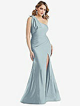 Front View Thumbnail - Mist Cascading Bow One-Shoulder Stretch Satin Mermaid Dress with Slight Train