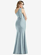 Rear View Thumbnail - Mist Cascading Bow One-Shoulder Stretch Satin Mermaid Dress with Slight Train