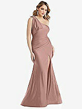 Front View Thumbnail - Neu Nude Cascading Bow One-Shoulder Stretch Satin Mermaid Dress with Slight Train
