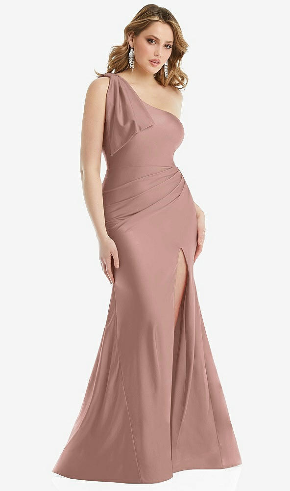 Front View - Neu Nude Cascading Bow One-Shoulder Stretch Satin Mermaid Dress with Slight Train