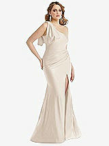 Alt View 1 Thumbnail - Oat Cascading Bow One-Shoulder Stretch Satin Mermaid Dress with Slight Train