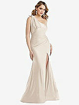 Front View Thumbnail - Oat Cascading Bow One-Shoulder Stretch Satin Mermaid Dress with Slight Train