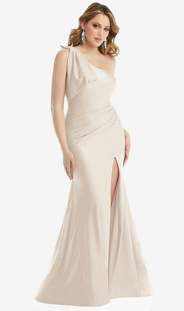 Front View - Oat Cascading Bow One-Shoulder Stretch Satin Mermaid Dress with Slight Train
