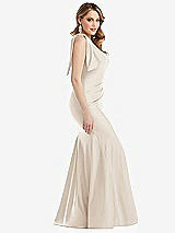 Side View Thumbnail - Oat Cascading Bow One-Shoulder Stretch Satin Mermaid Dress with Slight Train