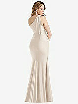 Rear View Thumbnail - Oat Cascading Bow One-Shoulder Stretch Satin Mermaid Dress with Slight Train