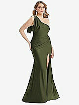 Alt View 1 Thumbnail - Olive Green Cascading Bow One-Shoulder Stretch Satin Mermaid Dress with Slight Train