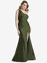 Front View Thumbnail - Olive Green Cascading Bow One-Shoulder Stretch Satin Mermaid Dress with Slight Train