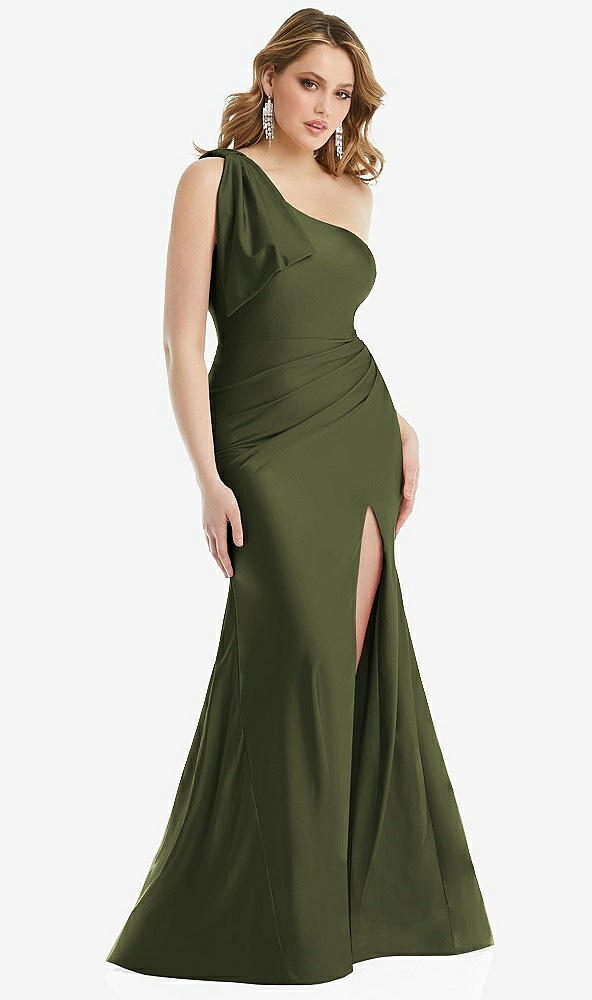 Front View - Olive Green Cascading Bow One-Shoulder Stretch Satin Mermaid Dress with Slight Train