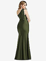 Rear View Thumbnail - Olive Green Cascading Bow One-Shoulder Stretch Satin Mermaid Dress with Slight Train